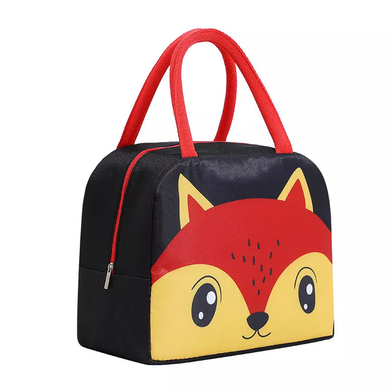 Cute Insulated Thermal Lunch Bag featuring a playful fox design with sturdy red handles