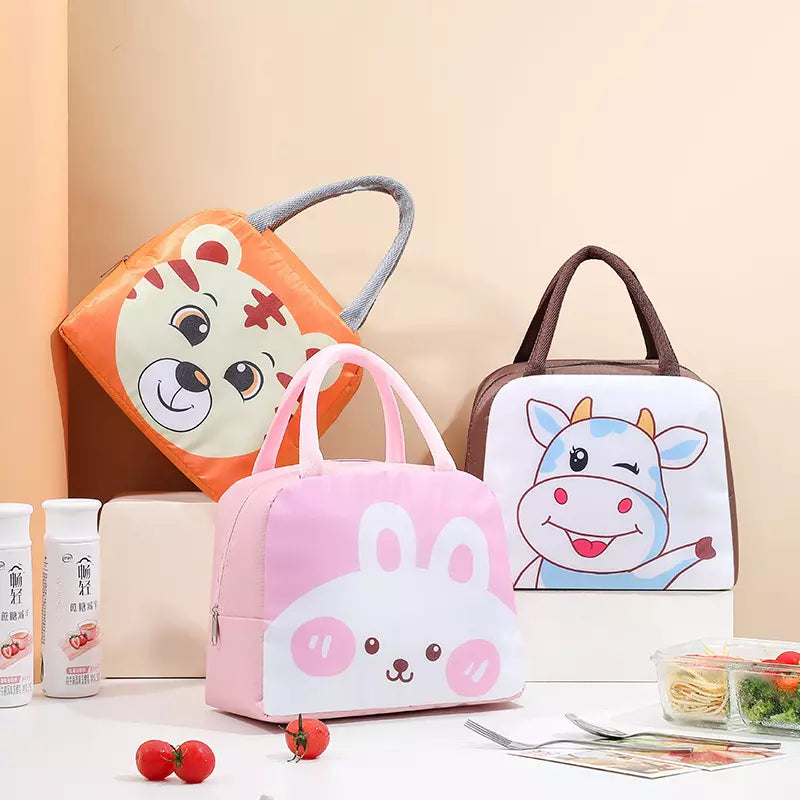 Cute Insulated Thermal Lunch Bag featuring adorable animal designs in pink, orange, and brown