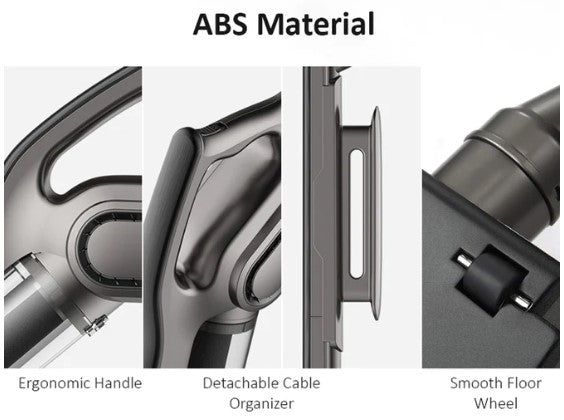 Close-up of VMIDirect Handheld Stick Vacuum features including ergonomic handle and detachable cable organizer