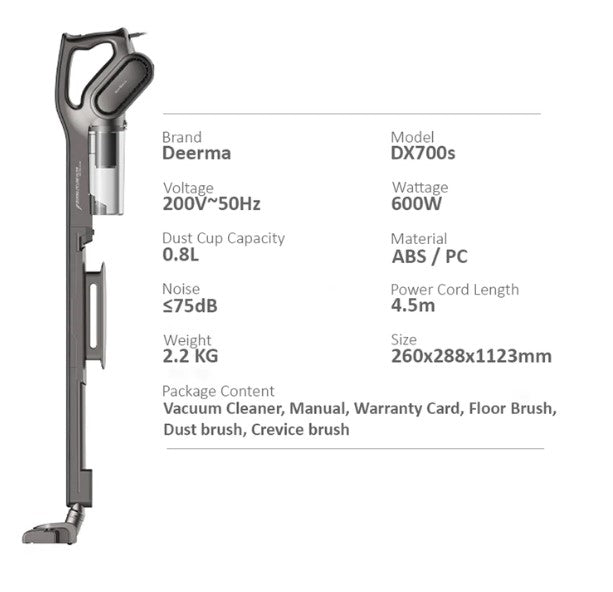Deerma DX700S Handheld Stick Vacuum with 600W power and 0.8L dust container for efficient cleaning