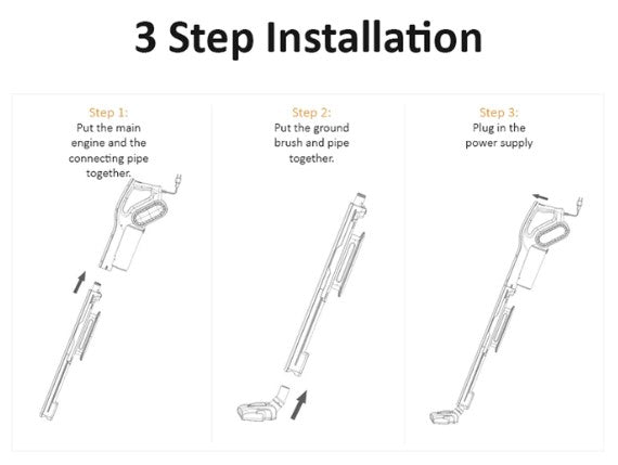 3 Step Installation Guide for VMIDirect Handheld Stick Vacuum with clear visuals