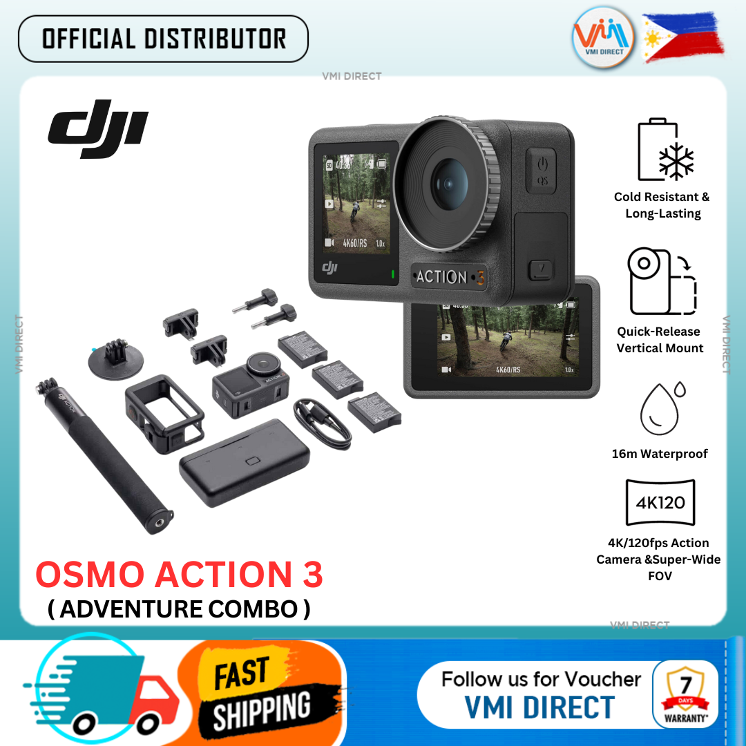 DJI Osmo Action 3 Adventure Combo with features like 4K/120fps, 16m waterproof, and cold resistance for an action camera