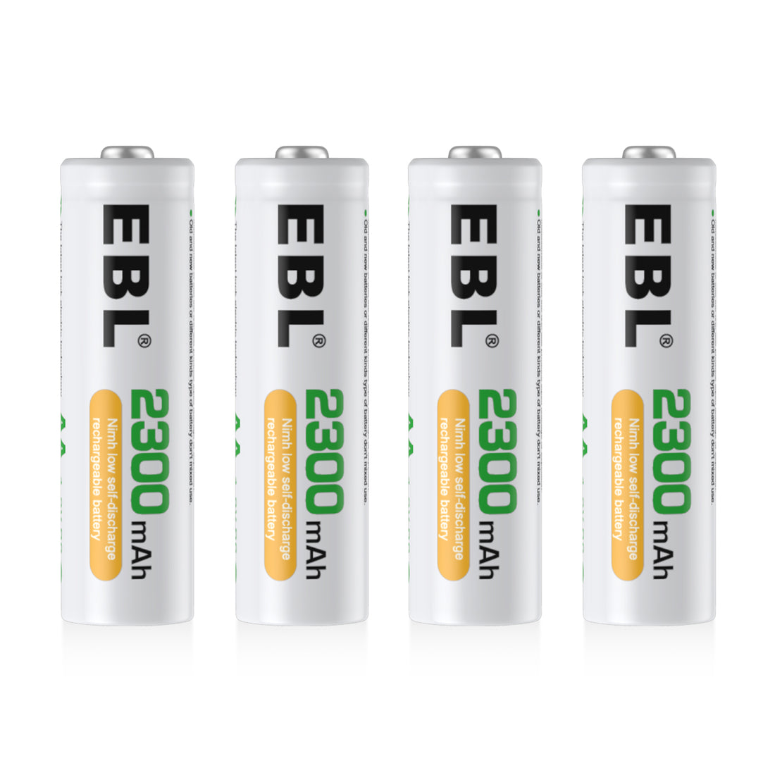 EBL 2300mAh AA rechargeable batteries by VMIDirect showing four white batteries with green and black text