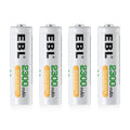 EBL 2300mAh AA rechargeable batteries by VMIDirect showing four white batteries with green and black text