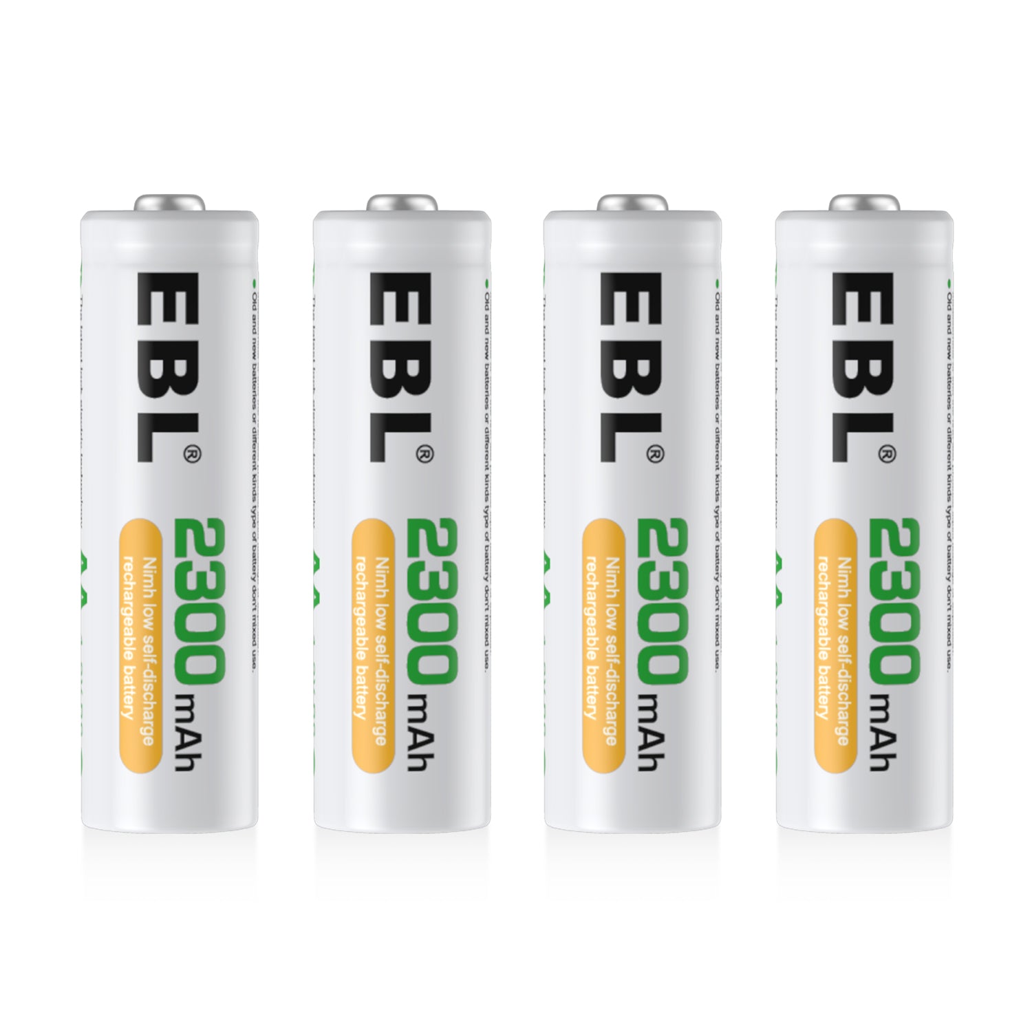 EBL 2300mAh AA rechargeable batteries by VMIDirect showing four white batteries with green and black text
