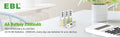 EBL 2300mAh AA rechargeable batteries displayed on a white surface near a calculator and plant