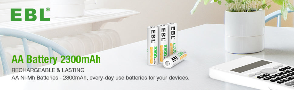 EBL 2300mAh AA rechargeable batteries displayed on a white surface near a calculator and plant