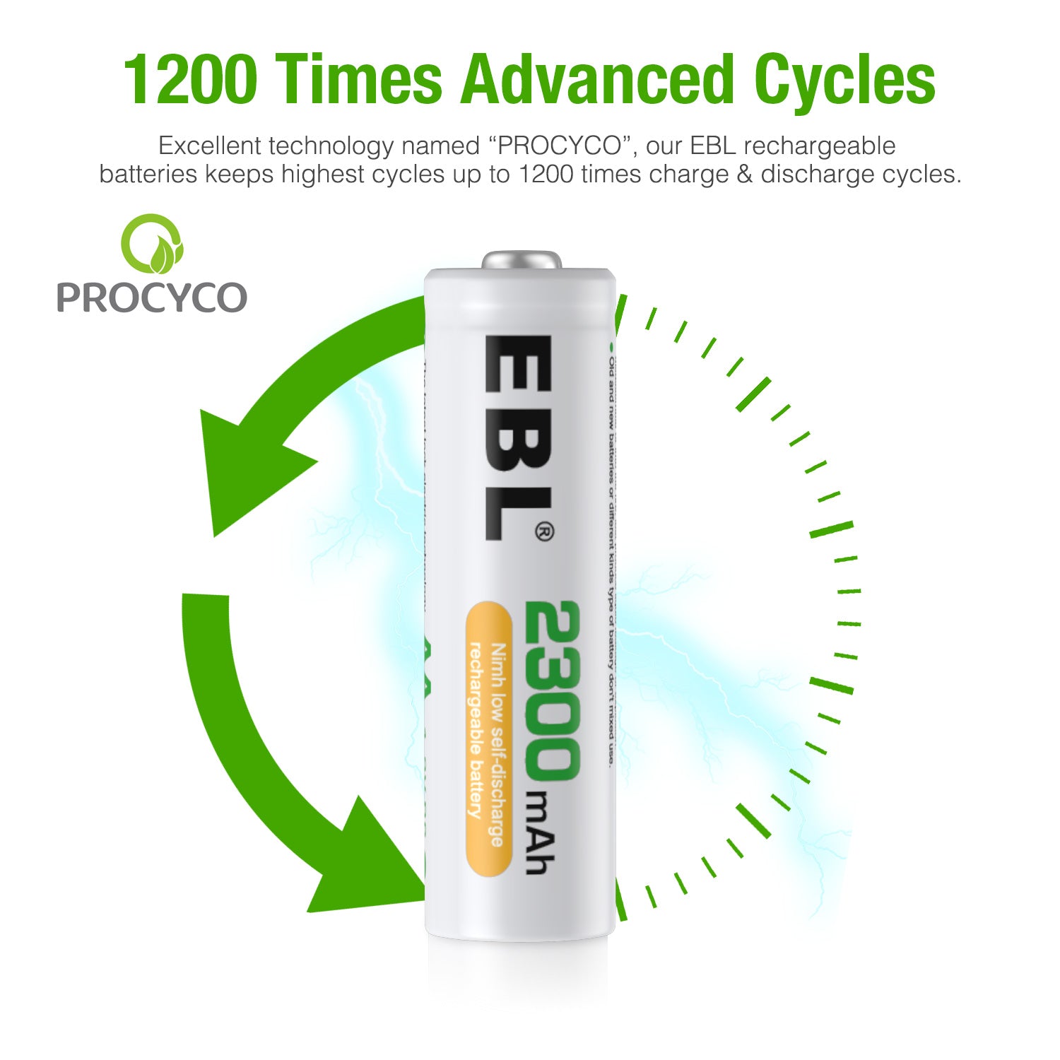 EBL 2300mAh AA rechargeable batteries showing 1200 advanced charge cycles by VMIDirect