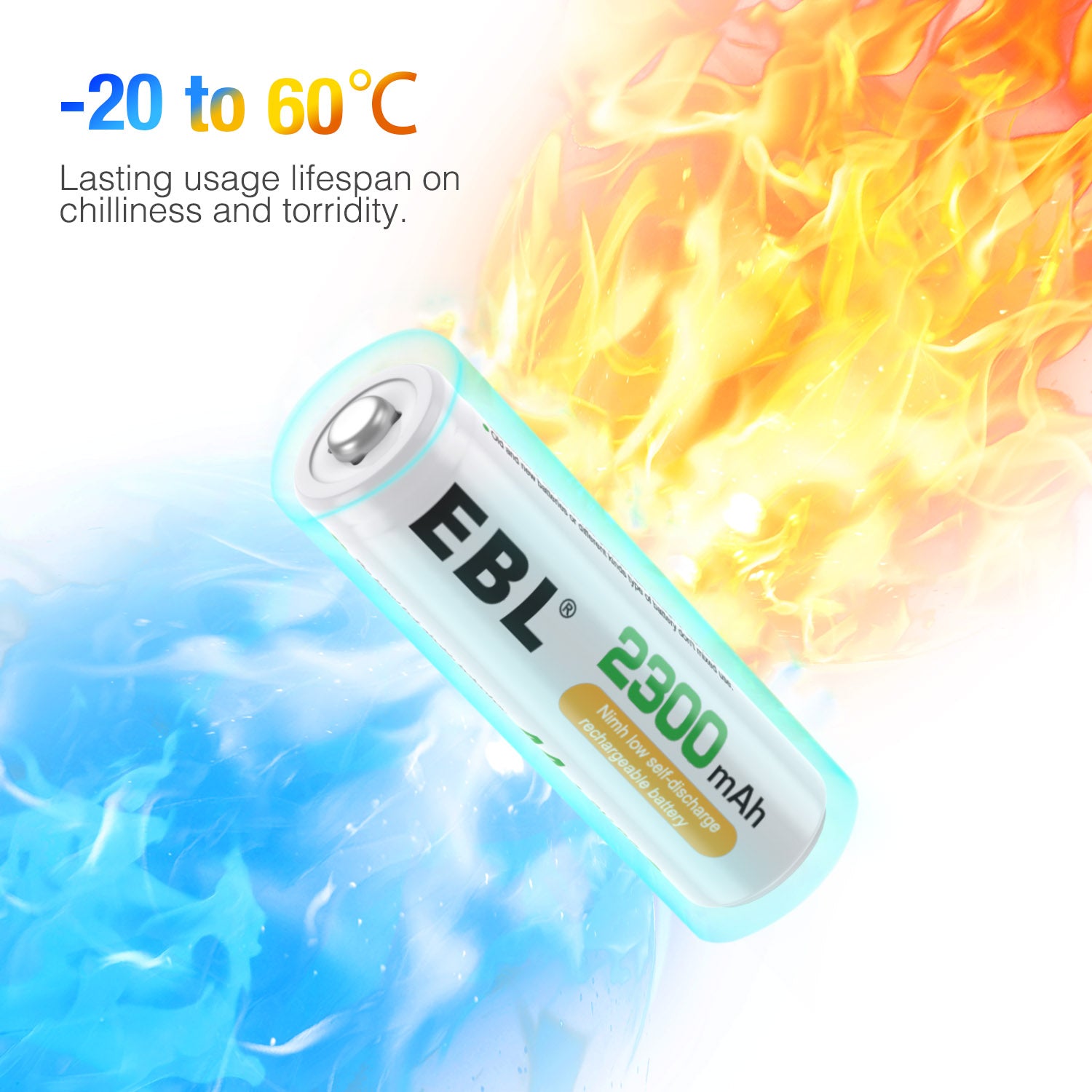 EBL 2300mAh AA rechargeable batteries by VMIDirect showing durability from -20 to 60 degrees Celsius