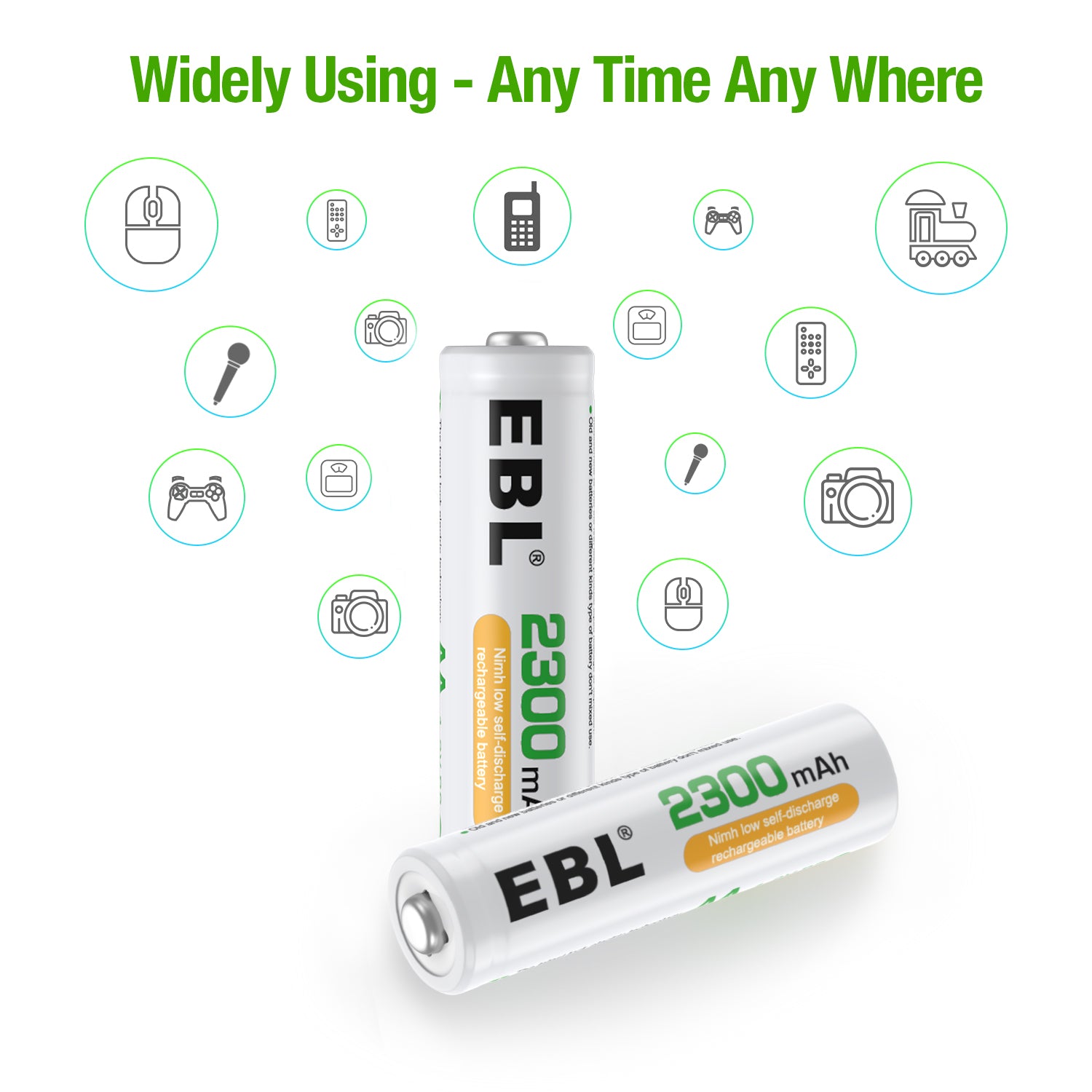 EBL 2300mAh AA rechargeable batteries by VMIDirect shown with icons of devices for versatile use