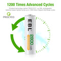 EBL 2800mAh AA rechargeable batteries by VMIDirect showing 1200 times advanced charge and discharge cycles
