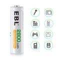 EBL 2800mAh AA rechargeable batteries by VMIDirect shown with icons for cameras, remotes, gaming, and other electronic devices