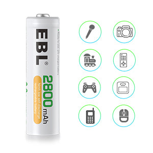 EBL 2800mAh AA rechargeable batteries by VMIDirect shown with icons for cameras, remotes, gaming, and other electronic devices