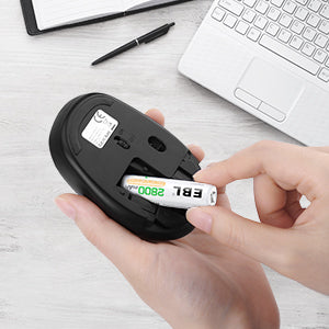 EBL 2800mAh AA rechargeable batteries being inserted into a wireless computer mouse battery compartment