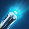 Close-up of VMIDirect EBL 2800mAh AA rechargeable batteries with glowing positive terminal