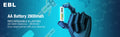 EBL 2800mAh AA rechargeable batteries shown with robotic hand holding one battery