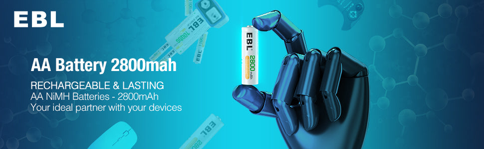 EBL 2800mAh AA rechargeable batteries shown with robotic hand holding one battery