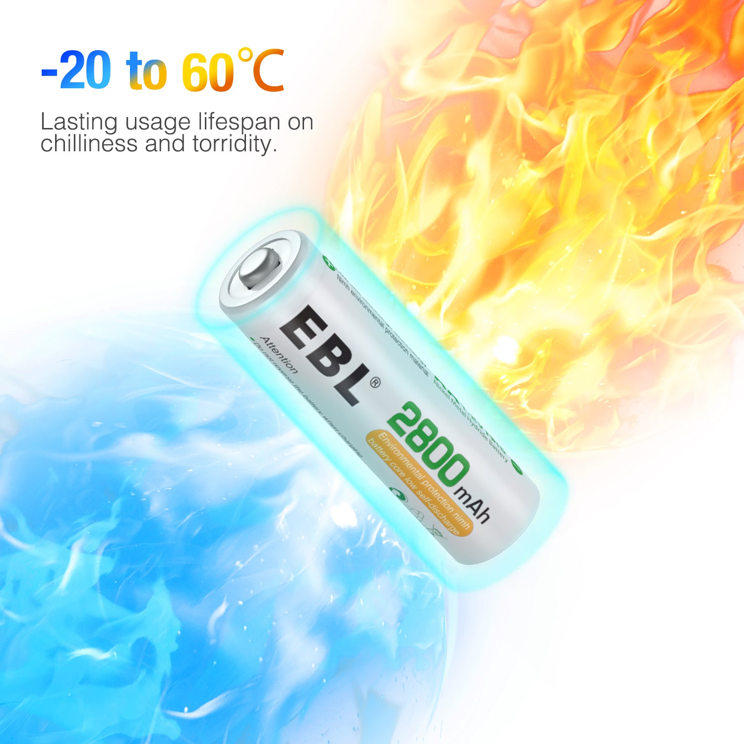 EBL 2800mAh AA rechargeable batteries showing durability from minus 20 to 60 degrees Celsius temperature