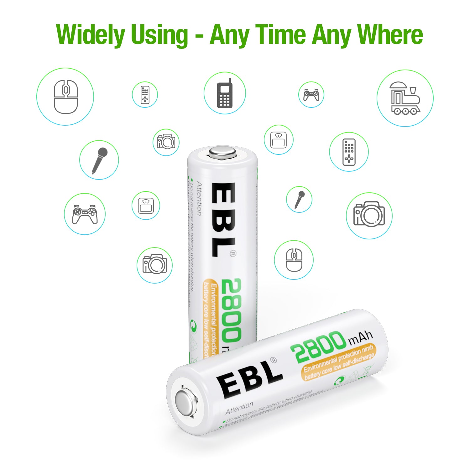 EBL 2800mAh AA rechargeable batteries by VMIDirect displayed with device usage icons