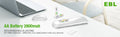 EBL 2800mAh AA rechargeable batteries with charger on white desk next to laptop and mouse