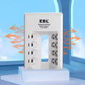 VMIDirect EBL 4-bay battery charger in white with individual charging slots and advanced features