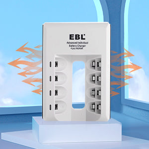 VMIDirect EBL 4-bay battery charger in white with individual charging slots and advanced features