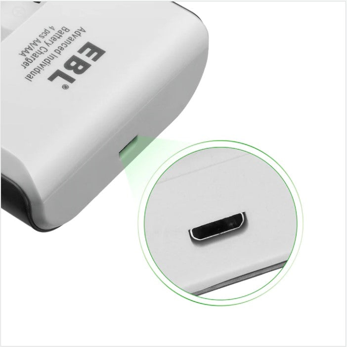 Close-up of EBL 4-bay battery charger USB charging port slot for power connection