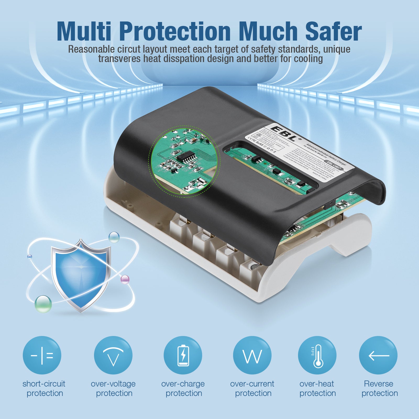 EBL 4-bay battery charger by VMIDirect showing internal circuit design and multi protection features