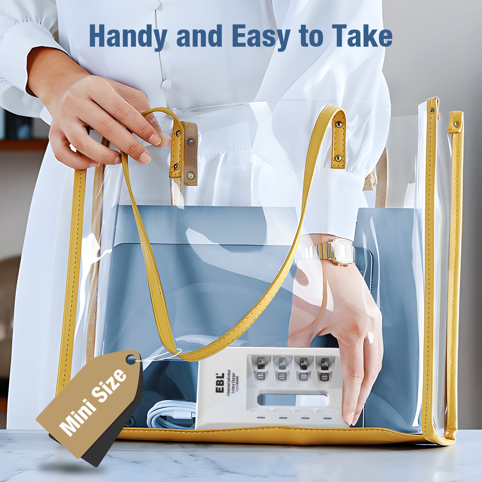 EBL 4-bay battery charger inside a clear portable bag with yellow handles, easy to carry