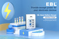 EBL 4-bay battery charger and AA AAA rechargeable batteries on blue and white display stand