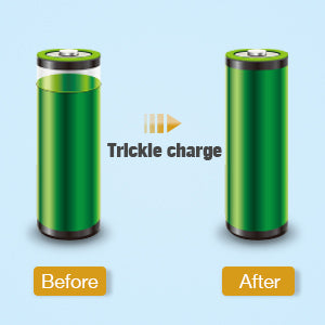 EBL 4-bay battery charger trickle charge feature showing before and after battery levels