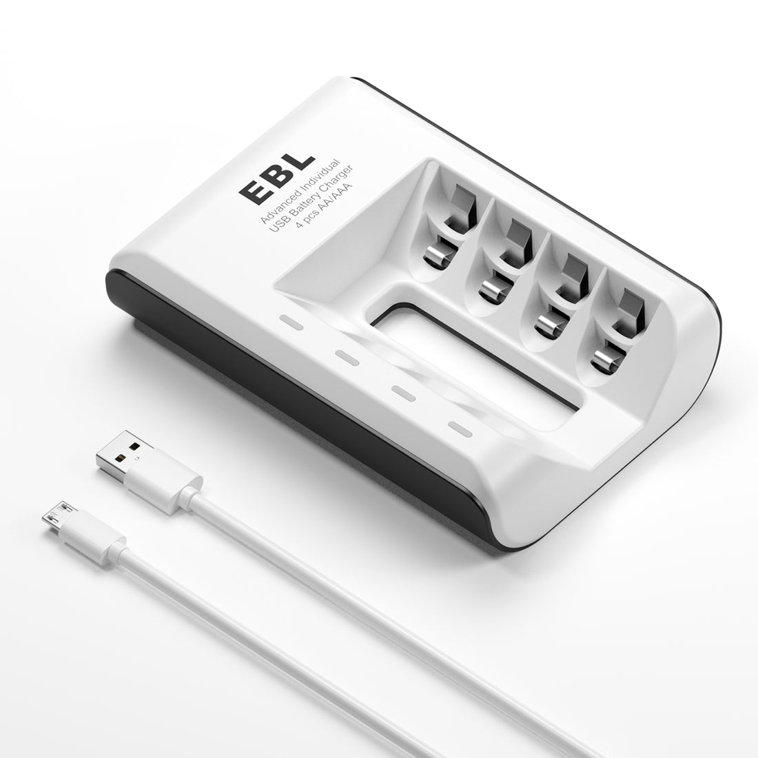 EBL 4-bay battery charger in white with USB cable for charging multiple batteries simultaneously