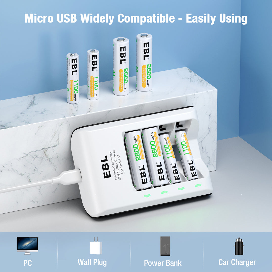 EBL 4-bay battery charger in white with USB cable for charging multiple batteries simultaneously