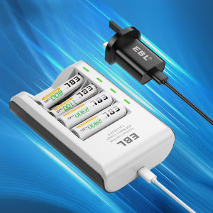 EBL 4-bay battery charger with four rechargeable batteries and a black power adapter from VMIDirect