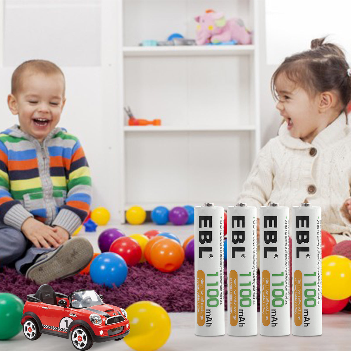 VMIDirect AAA rechargeable battery 1100mAh displayed with children playing with toys in the background