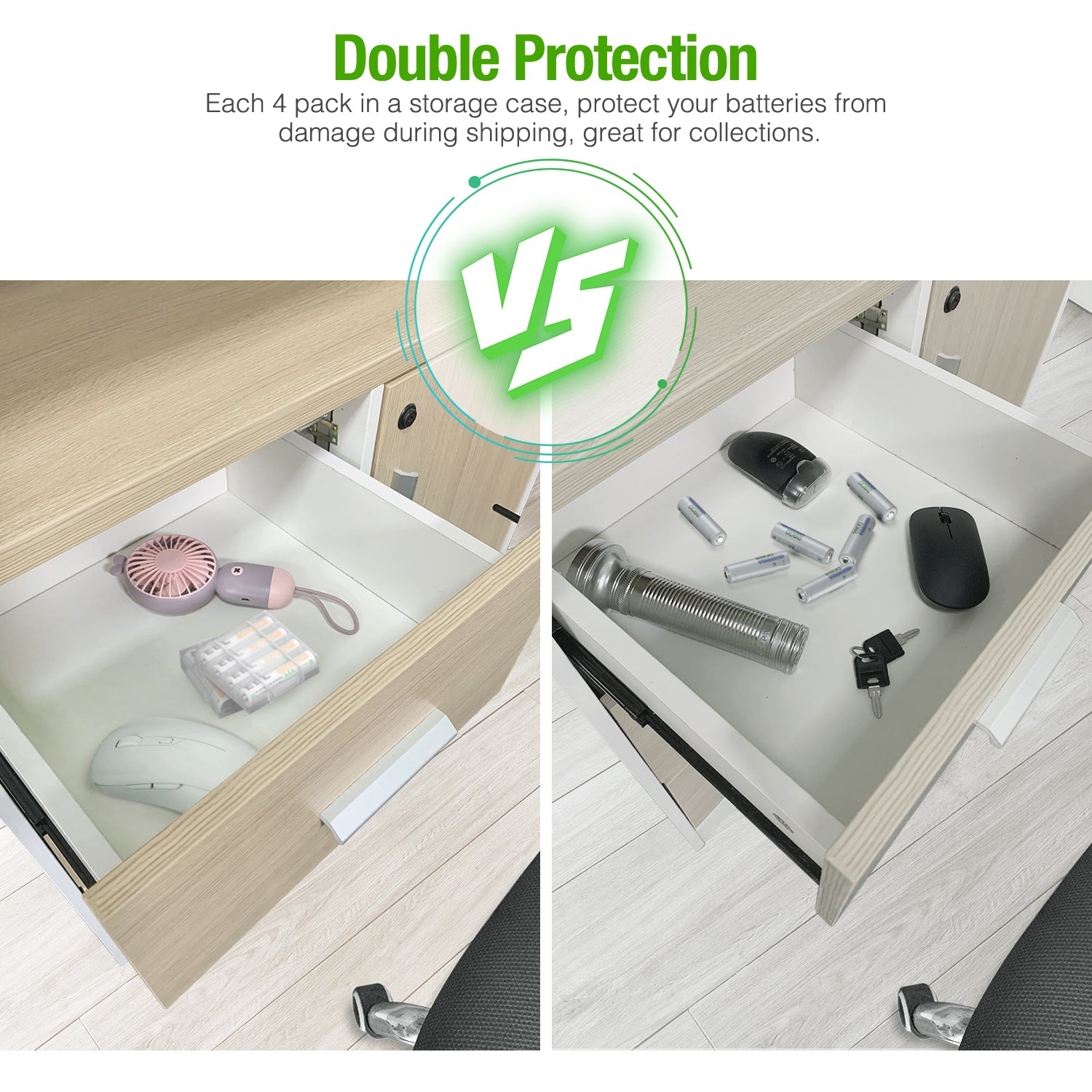VMIDirect AAA rechargeable battery 1100mAh in storage case vs loose batteries in drawer comparison