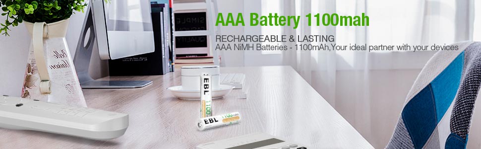 VMIDirect AAA rechargeable battery 1100mAh on a desk with electronic devices in the background