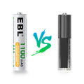 VMIDirect AAA rechargeable battery 1100mAh comparison with standard black AAA battery
