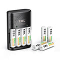 EBL 802 battery charger with four AA rechargeable batteries and four additional batteries displayed