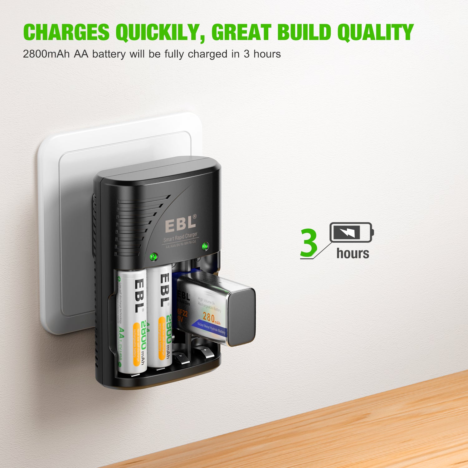 EBL 802 battery charger plugged into wall outlet charging AA and 9V batteries with indicator lights