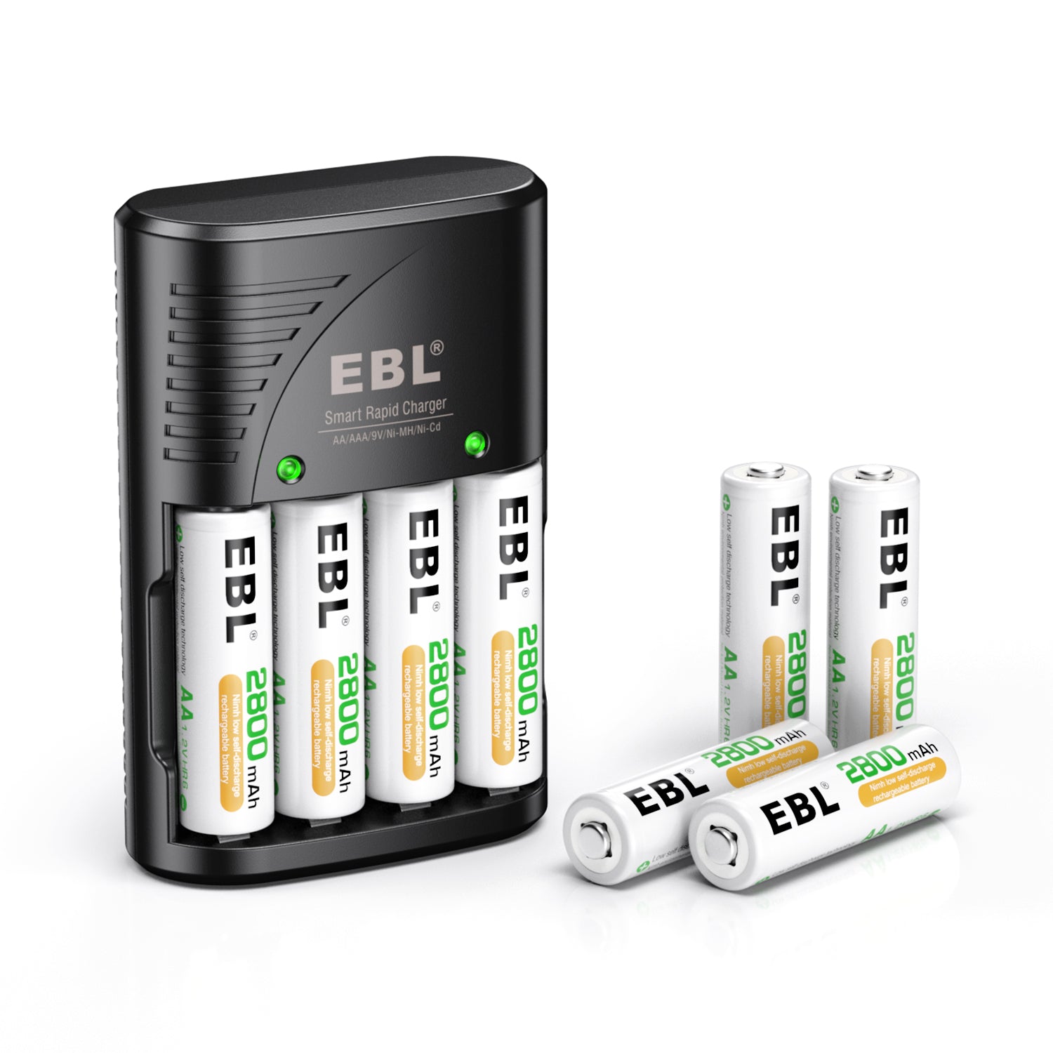 EBL 802 battery charger with four rechargeable AA 2800mAh batteries in black compact design