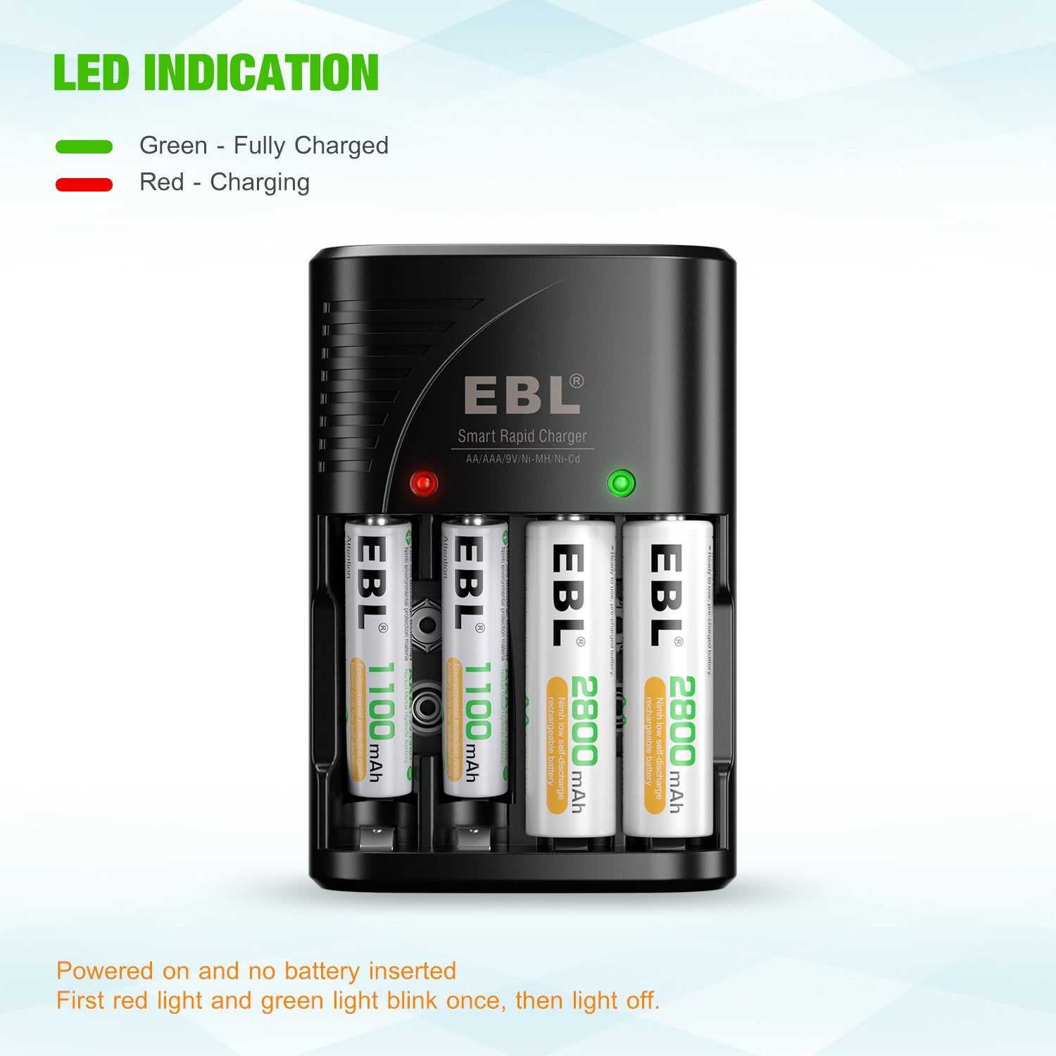 EBL 802 battery charger with four AA rechargeable batteries and LED charge indicators