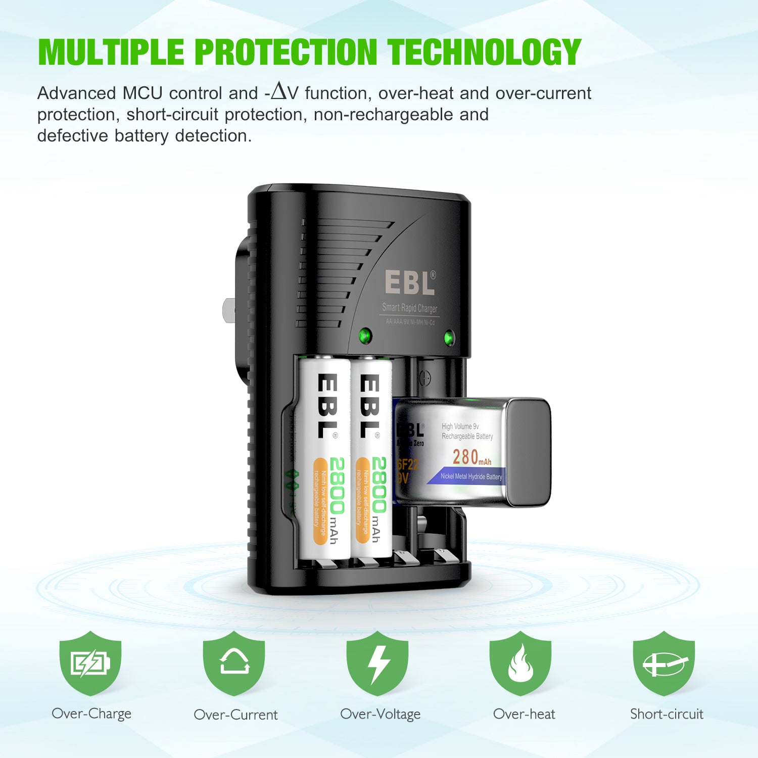 EBL 802 battery charger with multiple protection technology charging various AA and AAA batteries