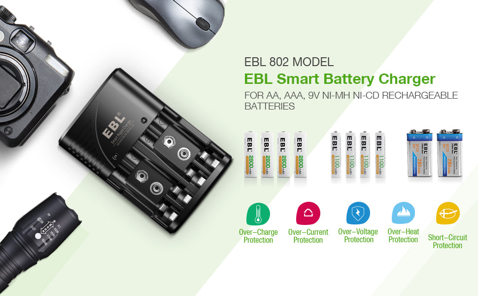 EBL 802 battery charger black device with multiple rechargeable batteries for AA AAA 9V Ni-MH Ni-CD types