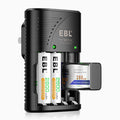 VMIDirect EBL 802 battery charger with four AA and AAA rechargeable batteries in black casing