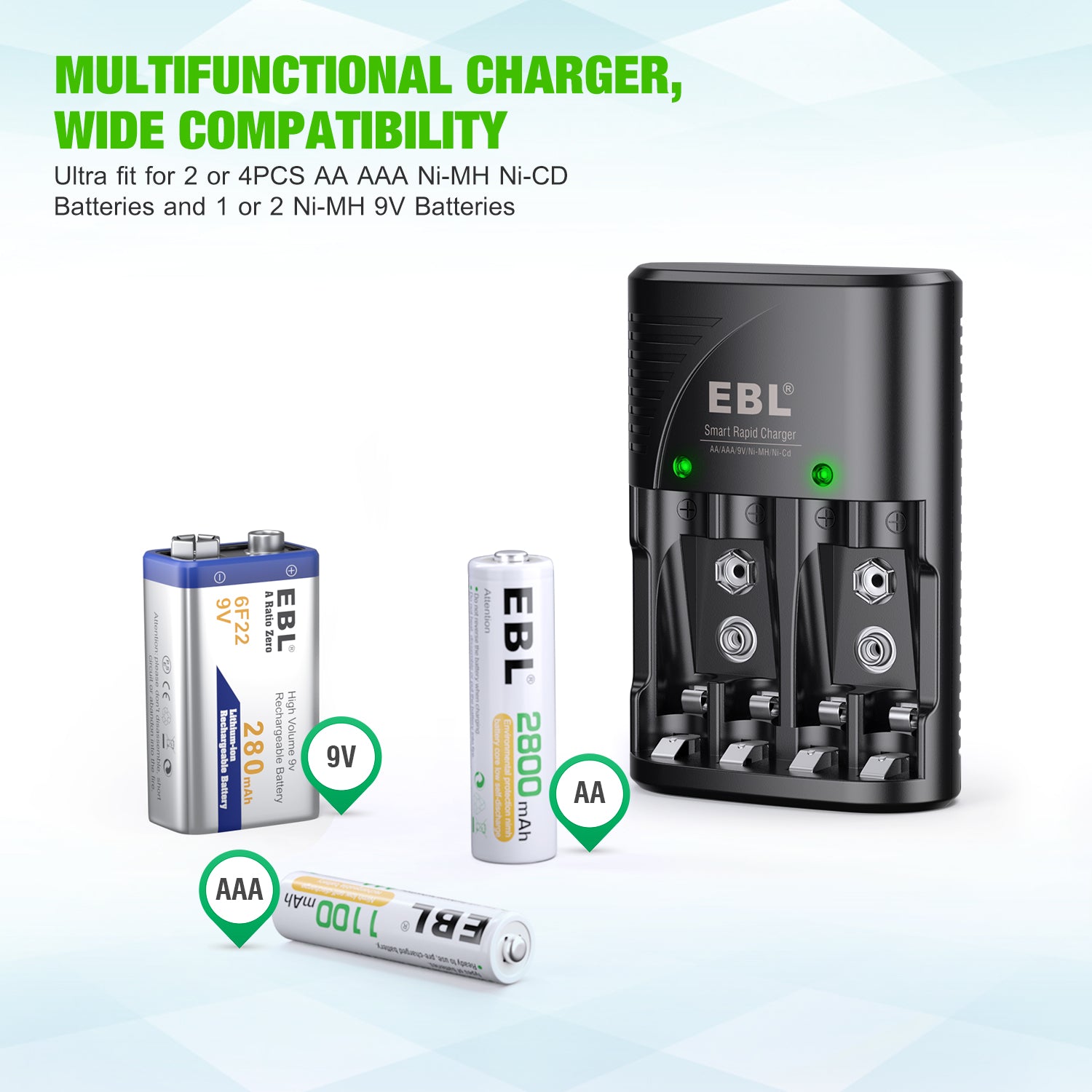 EBL 802 battery charger by VMIDirect with slots for AA AAA 9V Ni-MH Ni-CD batteries