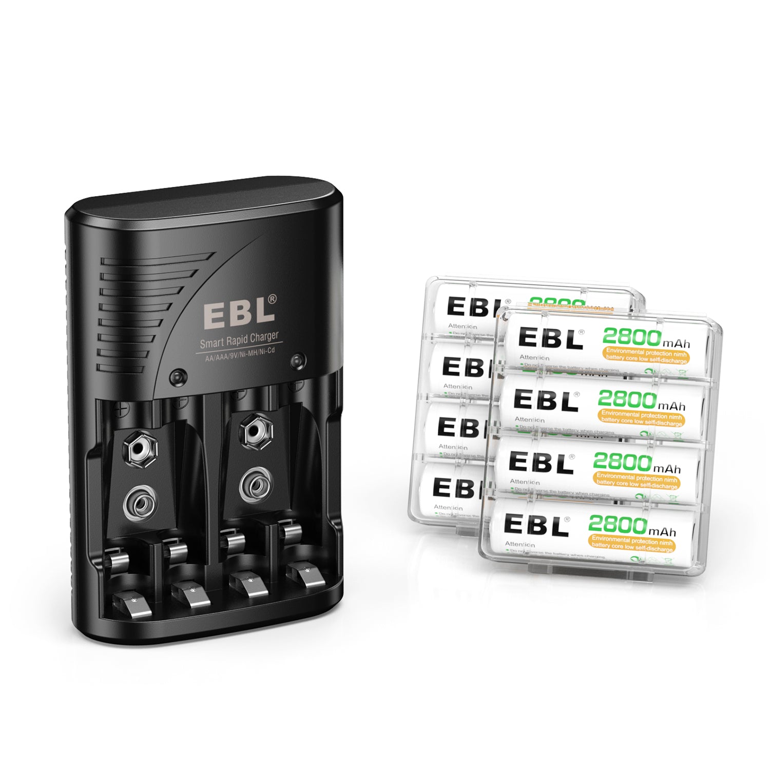 EBL 802 battery charger with black smart rapid charger and rechargeable AA batteries 2800mAh
