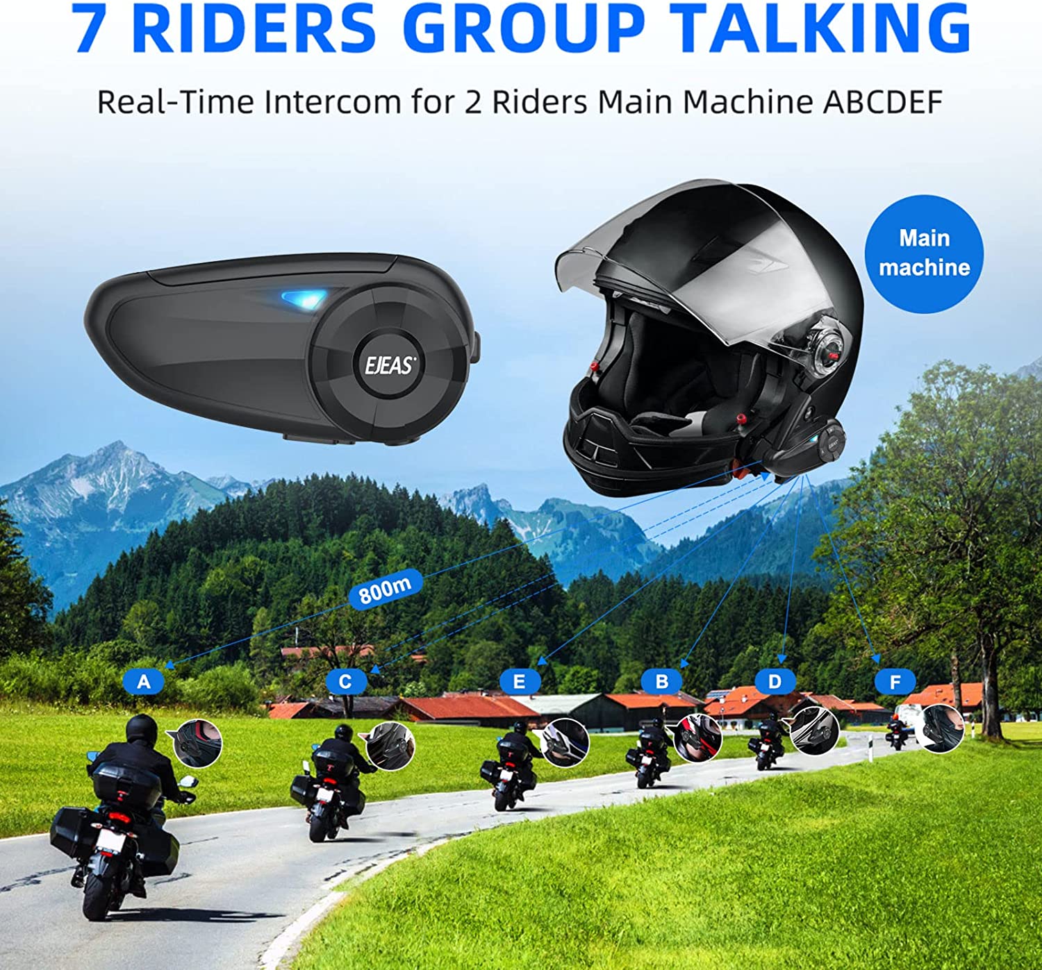 VMIDirect Motorcycle Bluetooth 5.1 Helmet Intercom for 7 Riders Group Talking with 800m Range