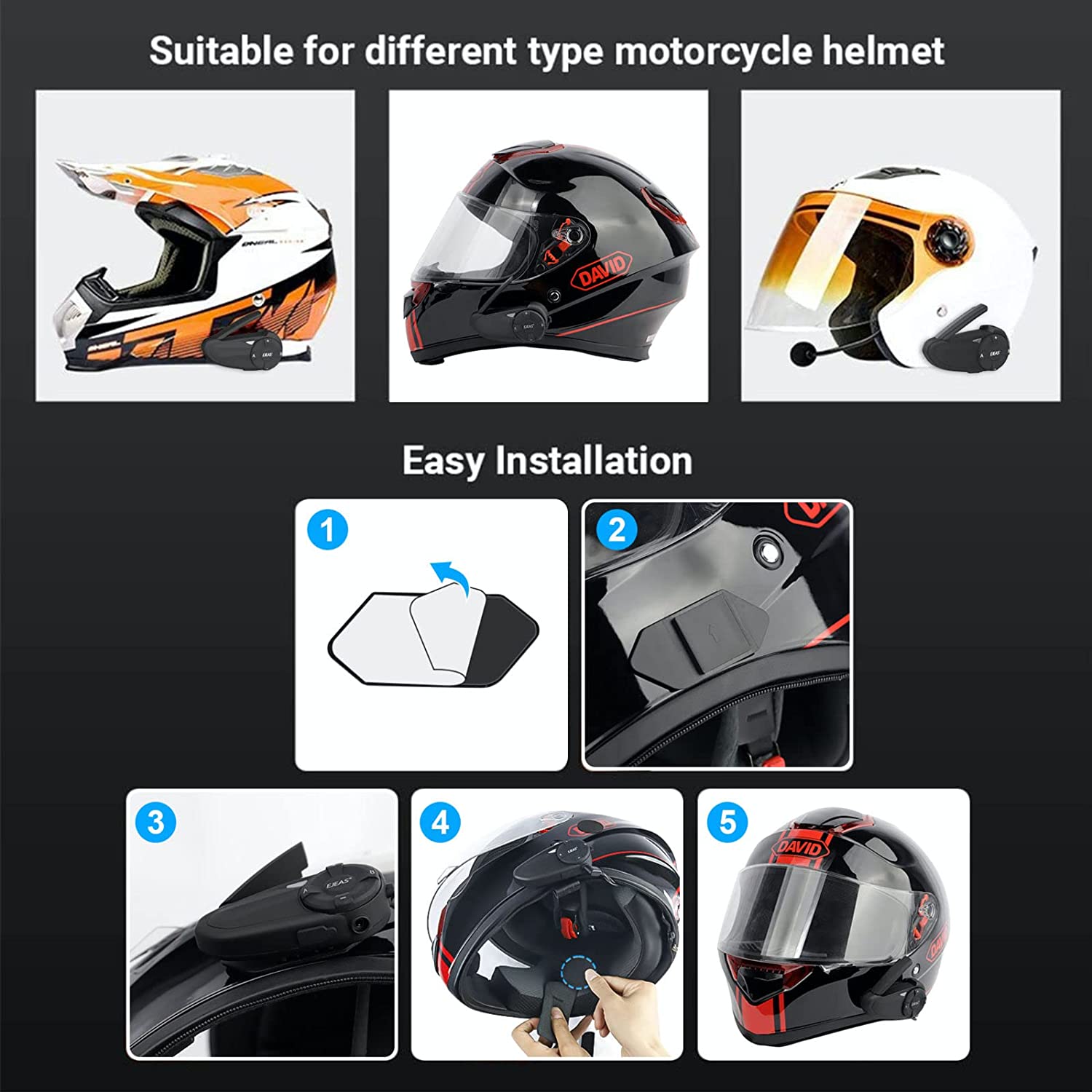 VMIDirect Motorcycle Bluetooth 5.1 Helmet Intercom for easy installation on various helmet types