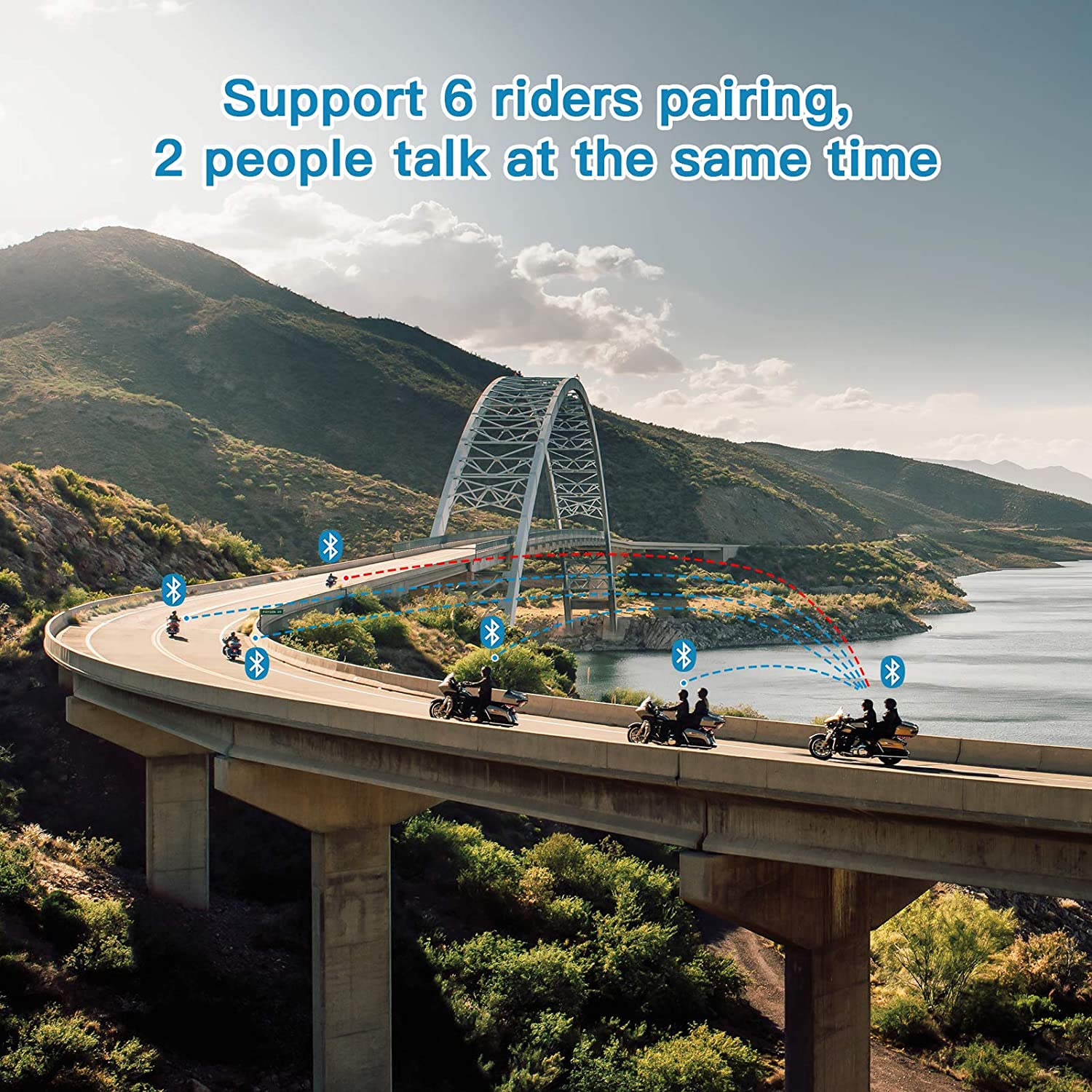 Motorcycle Helmet Bluetooth 5.0 Headset supports 6 riders pairing with simultaneous talk feature